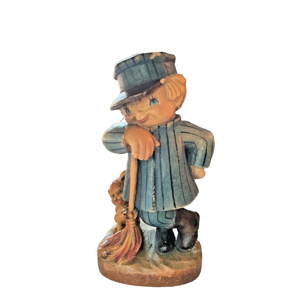 Vtg Anri Ferrandiz 3" Wood Hand Carving  "Sweeper Man" Italy Man wth Dog / Broom